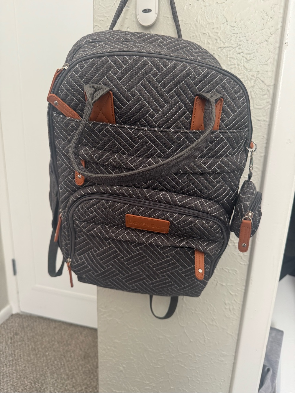 Quilted Charcoal Gray Backpack with Brown Trim - Comfortable Everyday Pack